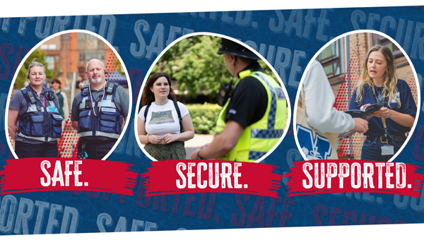 Safe, Secure, Supported hero image, featuring two members of security; the police liaison officer, and; a member of the ResLife team